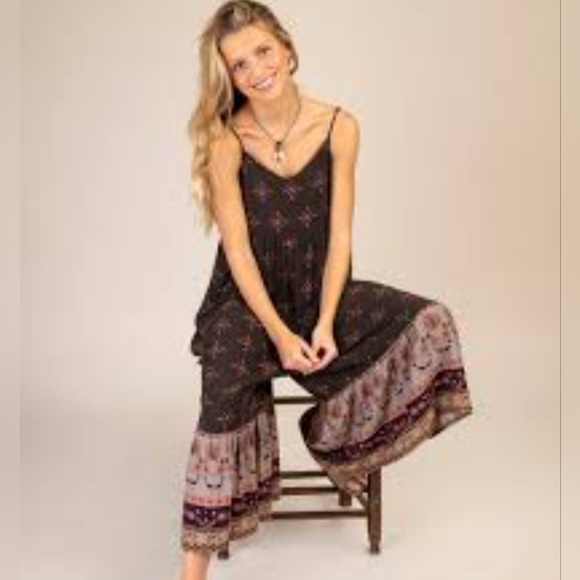 NATURAL LIFE Pants - ​Natural Life Jamie Jumpsuit XS Brown Pink Floral Wide Leg Boho Ruffle Coastal